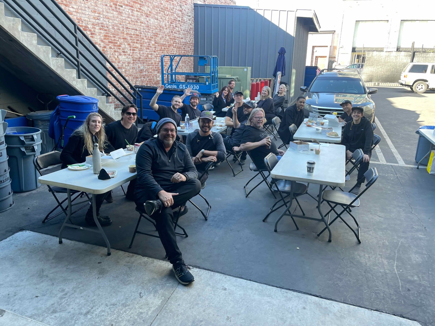 The crew working together on location